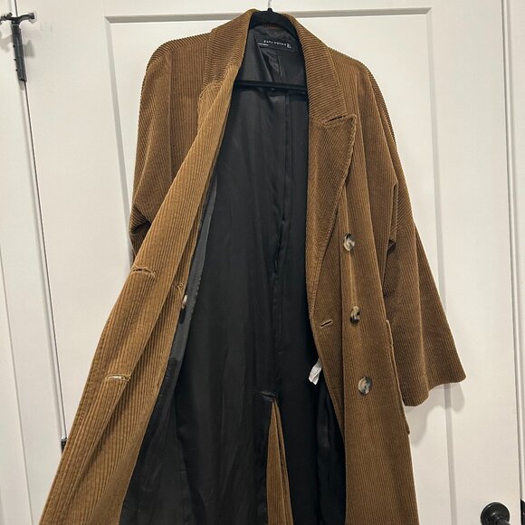 ZARA WOMAN long brown double-breasted corduroy coat (L) - Picture 4 of 9
